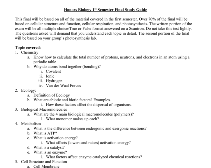 Honors biology final exam semester 1