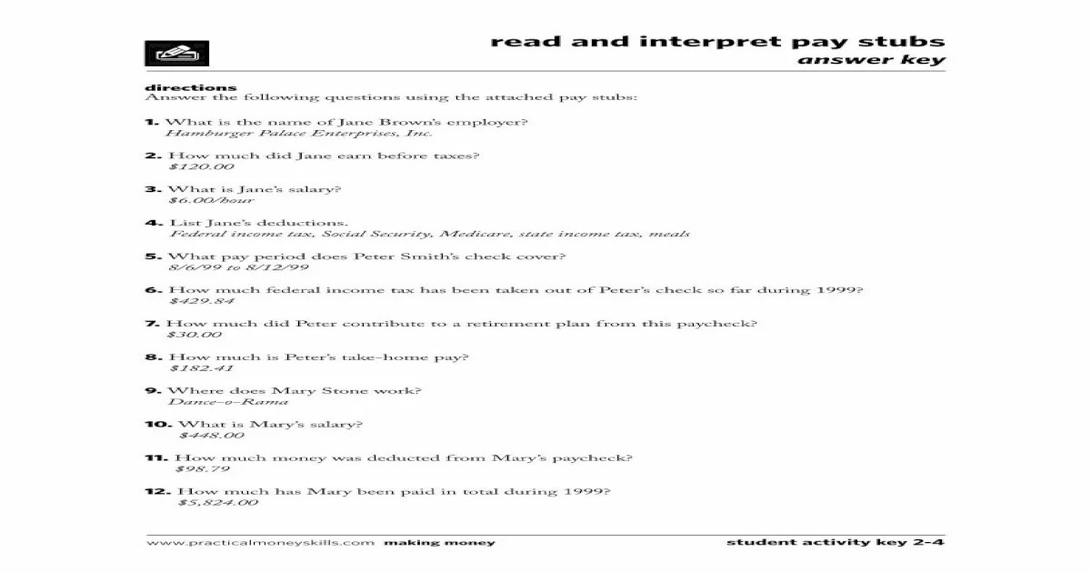 Read and interpret pay stubs answer key