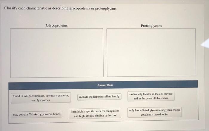 Classify each characteristic as describing glycoproteins and proteoglycans.